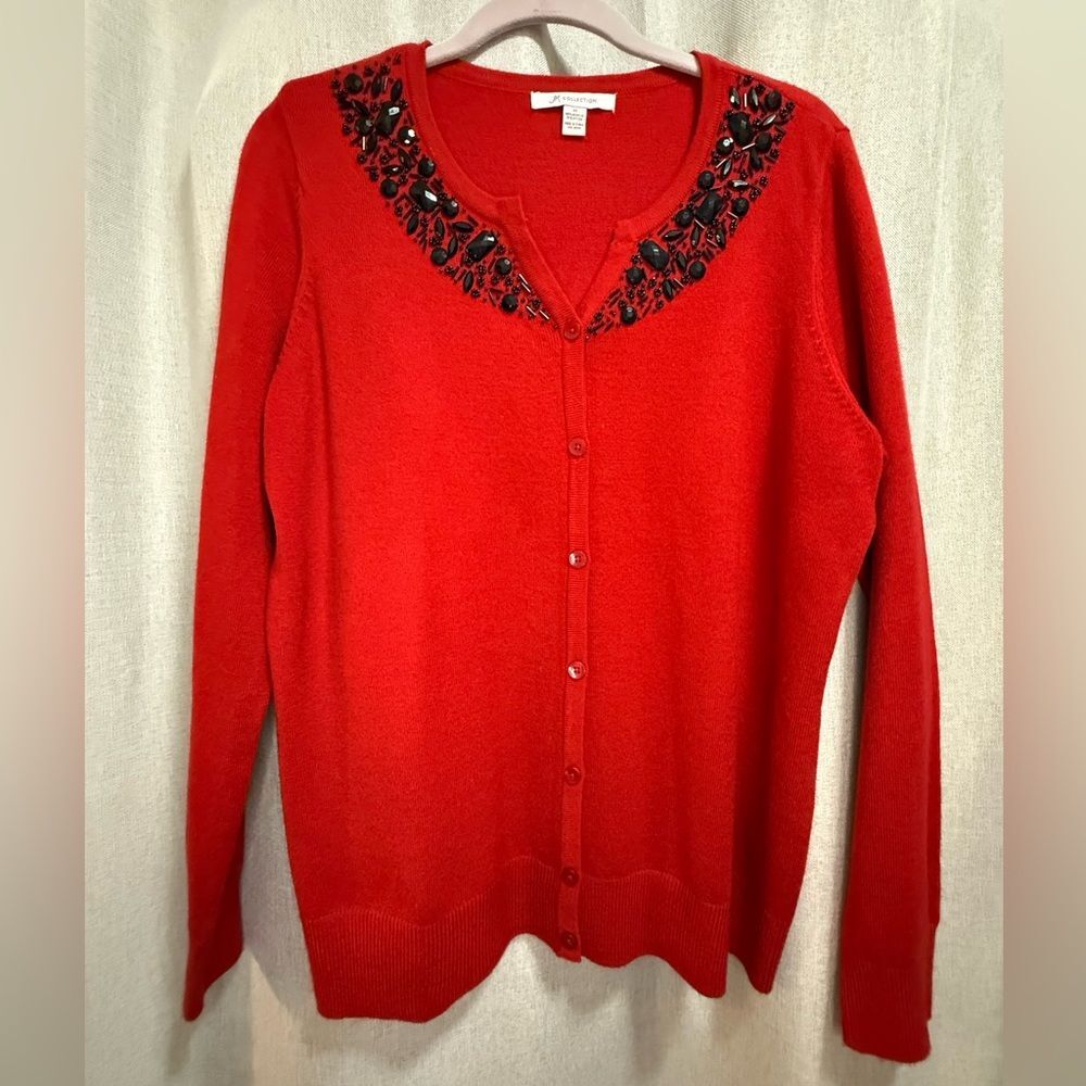 JM Collection Red Beaded Cardigan Button-front Sweater Size M Dressy Evening